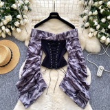 Autumn Women’s Lace Up Slim Waist Off Shoulder Pleated Long Sleeve Slim Fit Top
