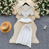 Summer Women’s Career Knitted V Neck Slim Waist Ruffle Detail Chic Two Piece Skirt Set