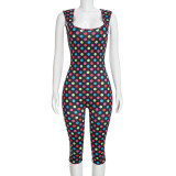 Women’s Sexy Printed Polka Dot Square Neck Low Back Slim Fit Cropped Leg Jumpsuit