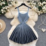 Autumn Women’s Luxury Slim Waist Slim Fit Pleated Striped Knitted Strap Dress