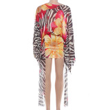 Autumn Women’s Chic Printed Slash Shoulder Batwing Patchwork Beaded Sexy Bodycon Dress