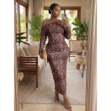 Women’s Leopard Print Slash Shoulder Long Sleeve Pleated Slim Waist Bodycon Holiday Dress