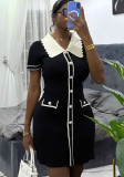Summer Women’s Chic Color Block Turndown Collar Short Sleeve Metallic Button Slim Fit Knitted Dress