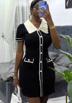 Summer Women’s Chic Color Block Turndown Collar Short Sleeve Metallic Button Slim Fit Knitted Dress Summer Women’s Chic Color Block Turndown Collar Short Sleeve Metallic Button Slim Fit Knitted Dress