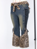 Winter Plus Size Women’s Leopard Print Short Pile Patchwork Belted Metal Detail Lace Up Denim Pants