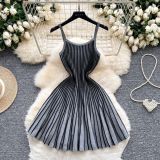 Autumn Women’s Luxury Slim Waist Slim Fit Pleated Striped Knitted Strap Dress
