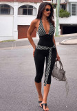 Women’s Casual Street Style Striped Lace Up Halter Neck Deep V Neck Low Back Jumpsuit