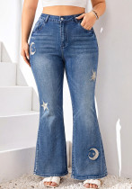 Plus Size Women’s Washed Moon Star Embroidered Stretch High Waist Denim Jeans Plus Size Women’s Washed Moon Star Embroidered Stretch High Waist Denim Jeans