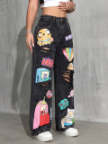 Women’s Fashionable High Waist Washed Printed Ripped Straight Leg Wide Leg Denim Jeans