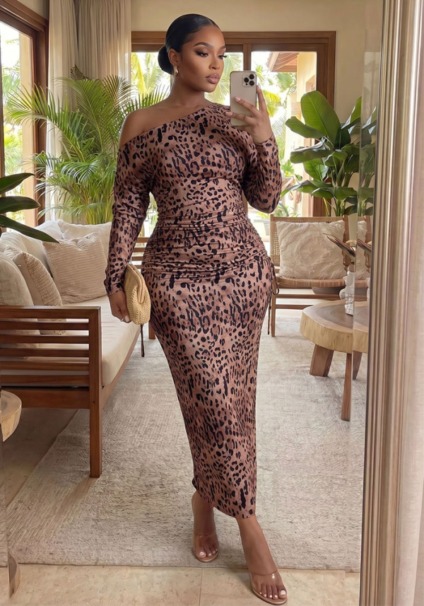Women’s Leopard Print Slash Shoulder Long Sleeve Pleated Slim Waist Bodycon Holiday Dress