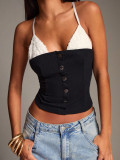 Women’s Black and White Patchwork Lace Strappy Slim Fit Cropped Single Breasted Knitted Top