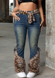 Winter Plus Size Women’s Leopard Print Short Pile Patchwork Belted Metal Detail Lace Up Denim Pants