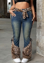 Winter Plus Size Women’s Leopard Print Short Pile Patchwork Belted Metal Detail Lace Up Denim Pants Winter Plus Size Women’s Leopard Print Short Pile Patchwork Belted Metal Detail Lace Up Denim Pants