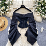 Autumn Women’s Lace Up Slim Waist Off Shoulder Pleated Long Sleeve Slim Fit Top