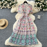 Women’s Chic Luxury Belt Slim Waist Five Quarter Sleeve Printed Flare Dress