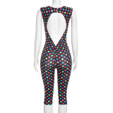 Women’s Sexy Printed Polka Dot Square Neck Low Back Slim Fit Cropped Leg Jumpsuit