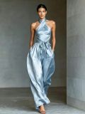 Women’s Luxury Satin Slim Waist Split Strappy Formal Party Jumpsuit