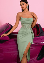 Women’s Elegant Strapless Boned Slim Waist High Split Sexy Chic Dress Women’s Elegant Strapless Boned Slim Waist High Split Sexy Chic Dress