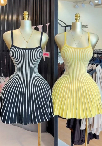 Autumn Women’s Luxury Slim Waist Slim Fit Pleated Striped Knitted Strap Dress