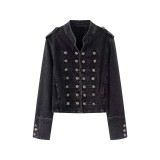 Spring Autumn Women’s Fashionable Stand Collar Button Detail Long Sleeve Denim Jacket