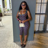 Women’s Sexy Printed Polka Dot Square Neck Low Back Slim Fit Cropped Leg Jumpsuit