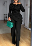 Women Turtleneck Pleated Top + Wide‑Leg Jumpsuit