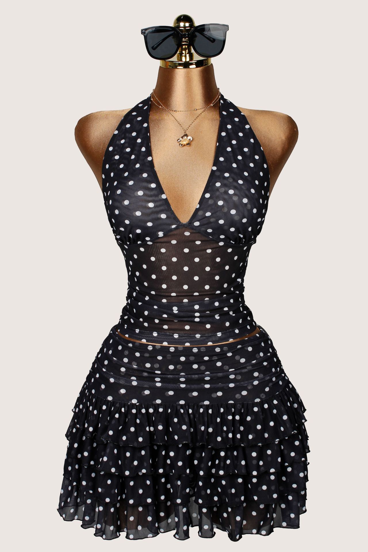 Polka-Dot Print Halter-Neck Backless Top & Skirt Two-Piece Set