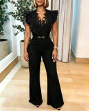 Women Casual V‑Neck Lace Patchwork Ruffled Lace‑Up Wide‑Leg Jumpsuit