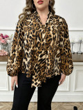 Plus Size Women Autumn Leopard‑Print Bow‑Tie Lantern‑Sleeve Top