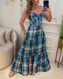 Women Plaid Hollow‑Out Strap Tiered Maxi Dress