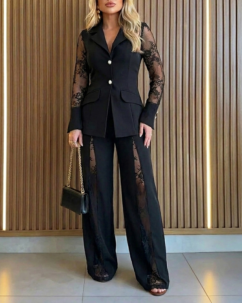 Black Lace Patchwork Blazer & Pants Two-Piece Set