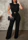 Women Casual Padded‑Shoulder Pleated Jumpsuit with Metal Waist Belt