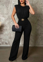 Women Casual Padded‑Shoulder Pleated Jumpsuit with Metal Waist Belt Women Casual Padded‑Shoulder Pleated Jumpsuit with Metal Waist Belt