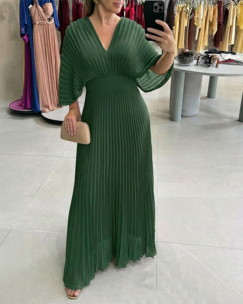 Pleated V-Neck Bell-Sleeve Dress