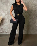 Women Casual Padded‑Shoulder Pleated Jumpsuit with Metal Waist Belt