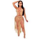 Women Tassel Beach Dress with Rose‑Pattern Bra Swimsuit Two‑Piece Set