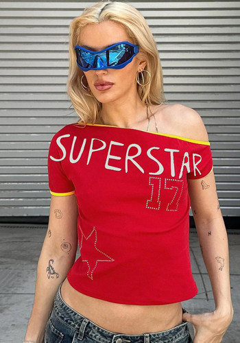 Women Spring‑Summer Slash‑Shoulder Sexy Short‑Sleeve Crop T‑Shirt