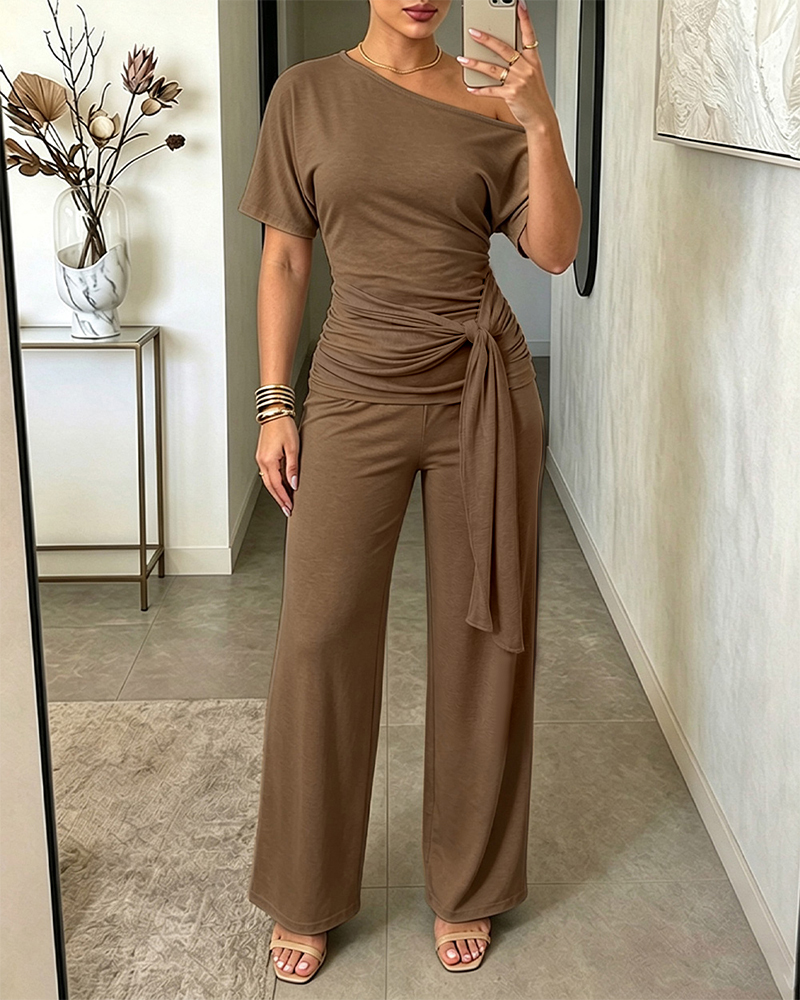 Slash-Shoulder Tie Top & Wide-Leg Pants Two-Piece Set