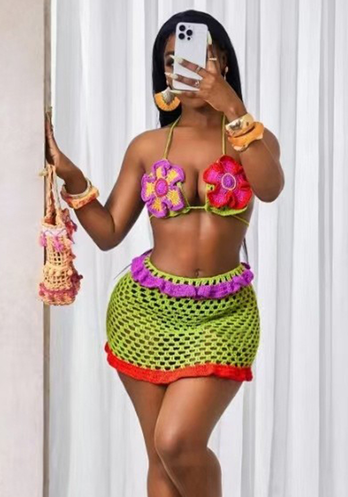 Knitted Bikini Ruffle-Edge Swimsuit Two-Piece Set for Beachwear