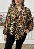Plus Size Women Autumn Leopard‑Print Bow‑Tie Lantern‑Sleeve Top