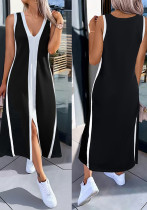 Women Casual Sleeveless Color‑Block Black‑White Slit Maxi Dress Women Casual Sleeveless Color‑Block Black‑White Slit Maxi Dress