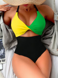 Women’s Sexy Color Block High Waist Solid One Piece Swimsuit