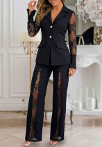 Women Black Lace Patchwork Blazer and Pant Two‑Piece Set Women Black Lace Patchwork Blazer and Pant Two‑Piece Set