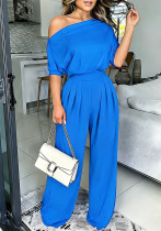 Women Slash‑Shoulder Pleated Beaded Long‑Sleeve Wide‑Leg Jumpsuit Women Slash‑Shoulder Pleated Beaded Long‑Sleeve Wide‑Leg Jumpsuit