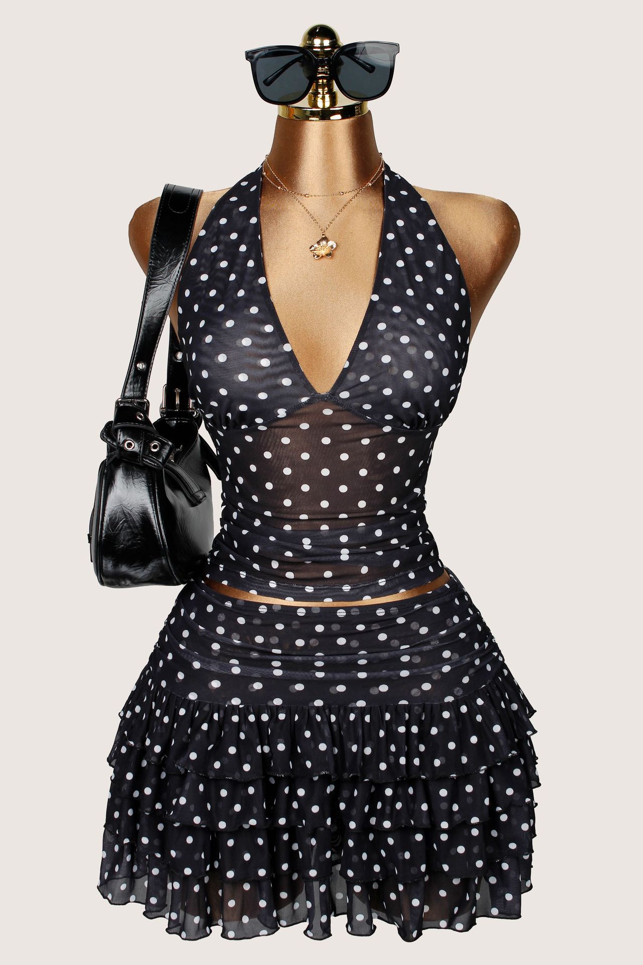 Polka-Dot Print Halter-Neck Backless Top & Skirt Two-Piece Set