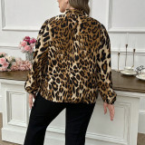 Plus Size Women Autumn Leopard‑Print Bow‑Tie Lantern‑Sleeve Top