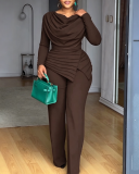 Women Turtleneck Pleated Top + Wide‑Leg Jumpsuit