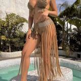 Women Tassel Beach Dress with Rose‑Pattern Bra Swimsuit Two‑Piece Set