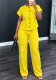 Women Bright Yellow Button Short‑Sleeve Top and Pant Two‑Piece Set