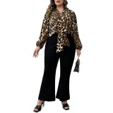 Plus Size Women Autumn Leopard‑Print Bow‑Tie Lantern‑Sleeve Top